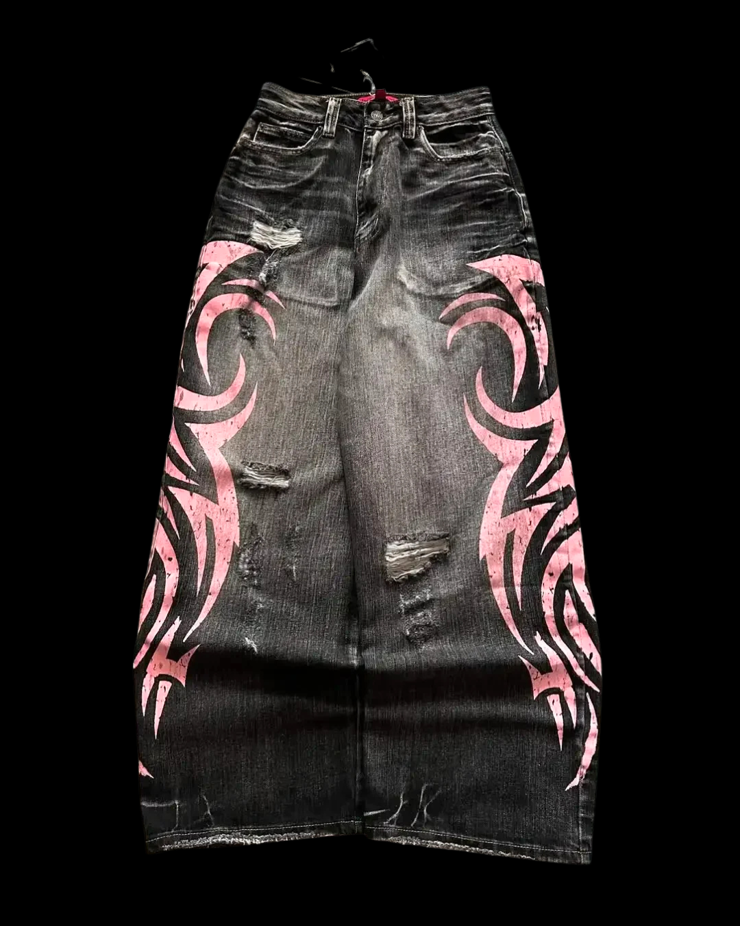 Women's black wide leg jeans with pink tribal side prints and distressed details