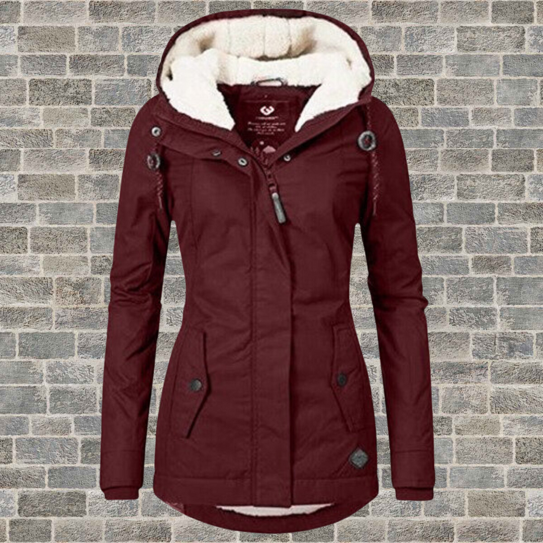 Women's hooded coat with zip front, long sleeves, lined hood and buttoned pockets