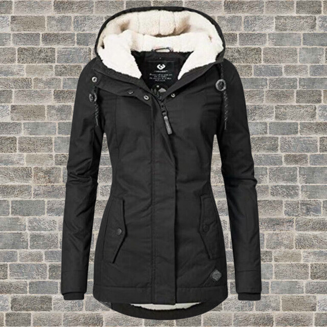 Women's hooded coat with zip front, long sleeves, lined hood and buttoned pockets