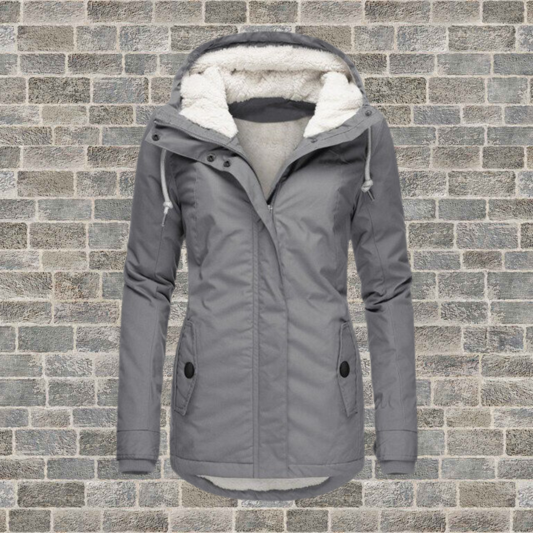Women's hooded coat with zip front, long sleeves, lined hood and buttoned pockets