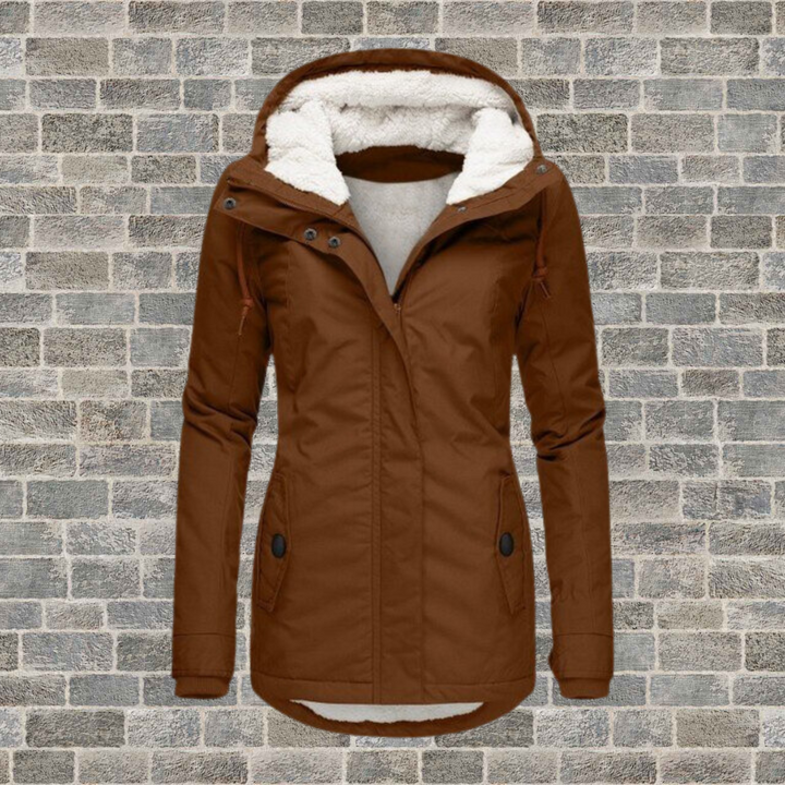 Women's hooded coat with zip front, long sleeves, lined hood and buttoned pockets