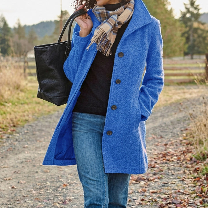 Women's textured button-front winter coat with notched lapels and side pockets