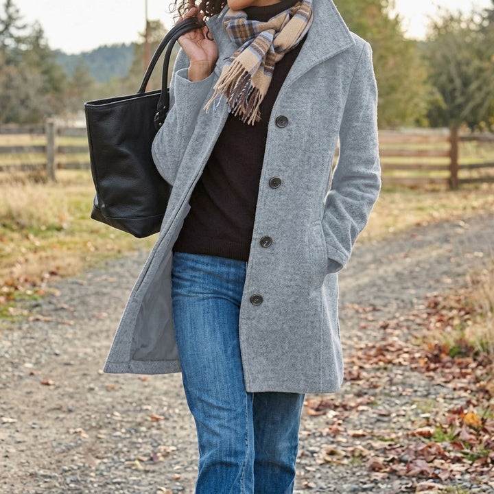 Women's textured button-front winter coat with notched lapels and side pockets