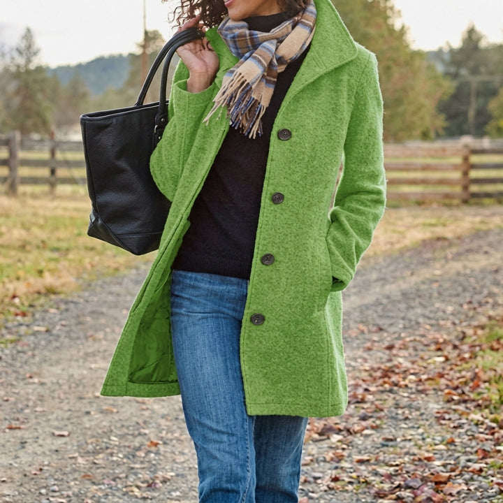 Women's textured button-front winter coat with notched lapels and side pockets