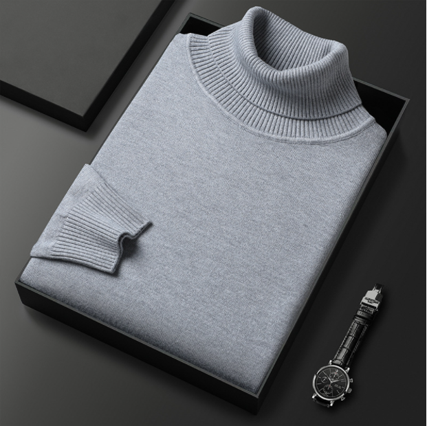 Folded solid ribbed turtleneck sweater with long sleeves