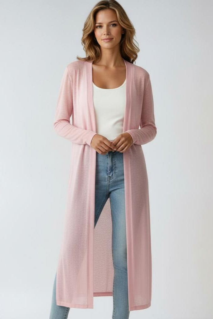 Women's longline open front knit cardigan with long sleeves and side splits