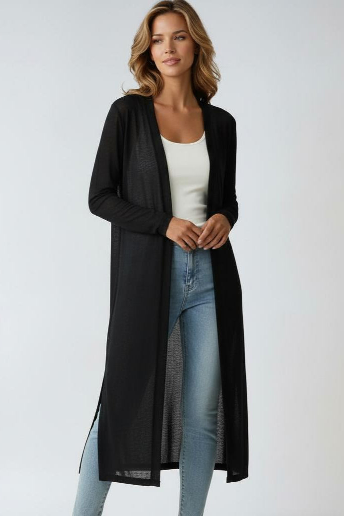 Women's longline open front knit cardigan with long sleeves and side splits