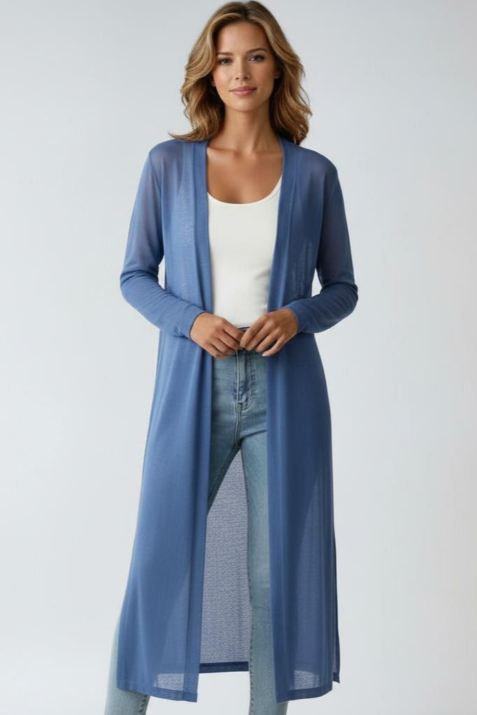 Women's longline open front knit cardigan with long sleeves and side splits