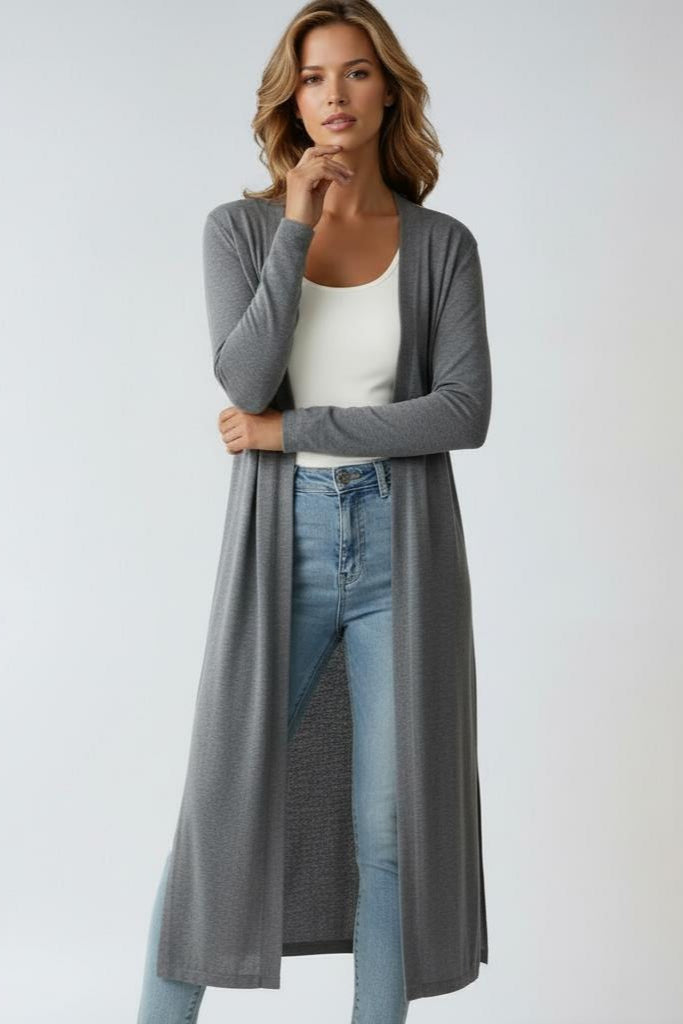 Women's longline open front knit cardigan with long sleeves and side splits