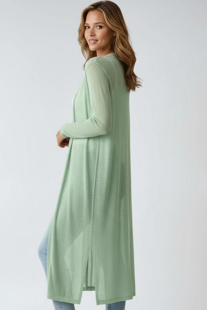 Women's longline open front knit cardigan with long sleeves and side splits