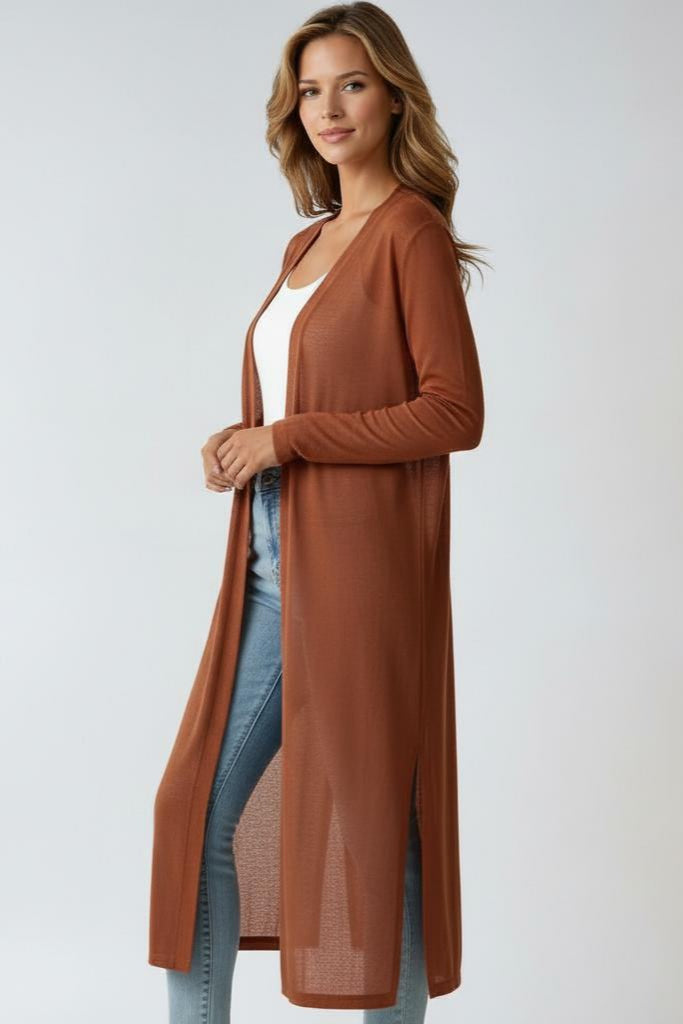 Women's longline open front knit cardigan with long sleeves and side splits