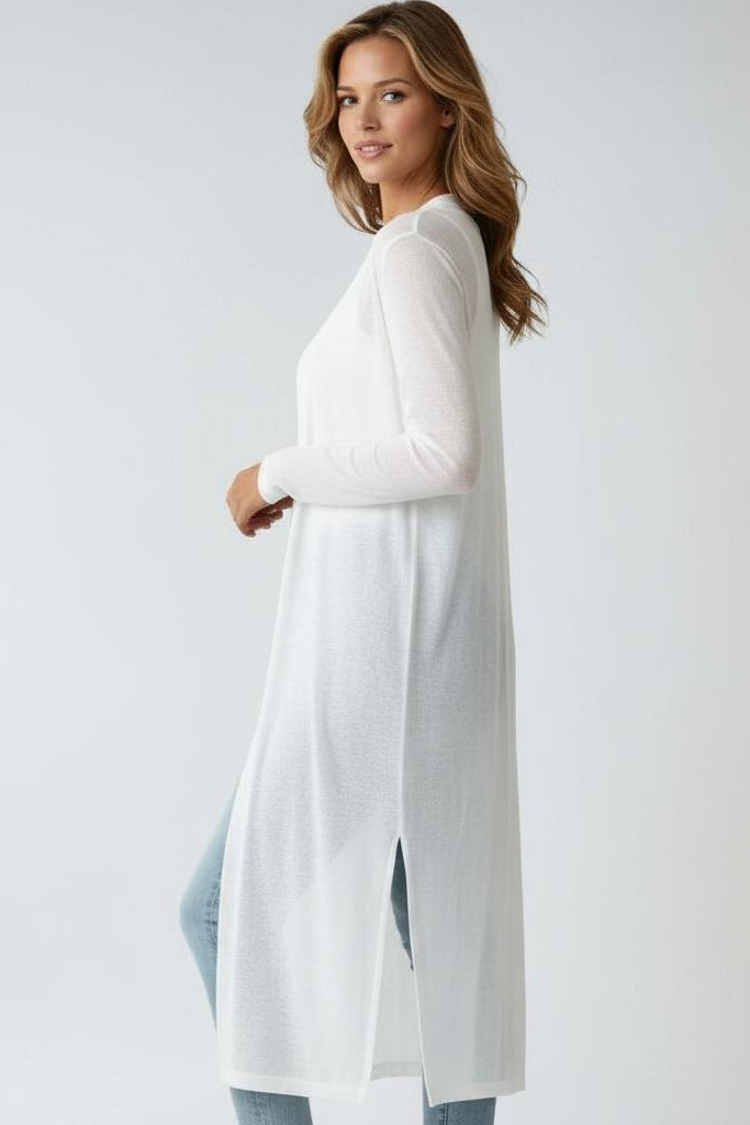 Women's longline open front knit cardigan with long sleeves and side splits