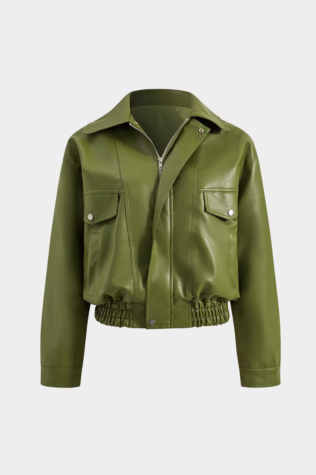 Green faux leather utility jacket with spread collar, zip front and pockets