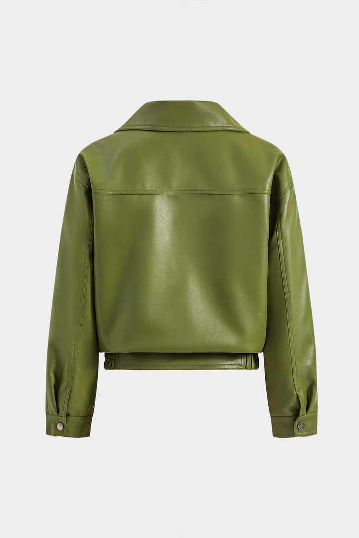 Green faux leather utility jacket with spread collar, zip front and pockets