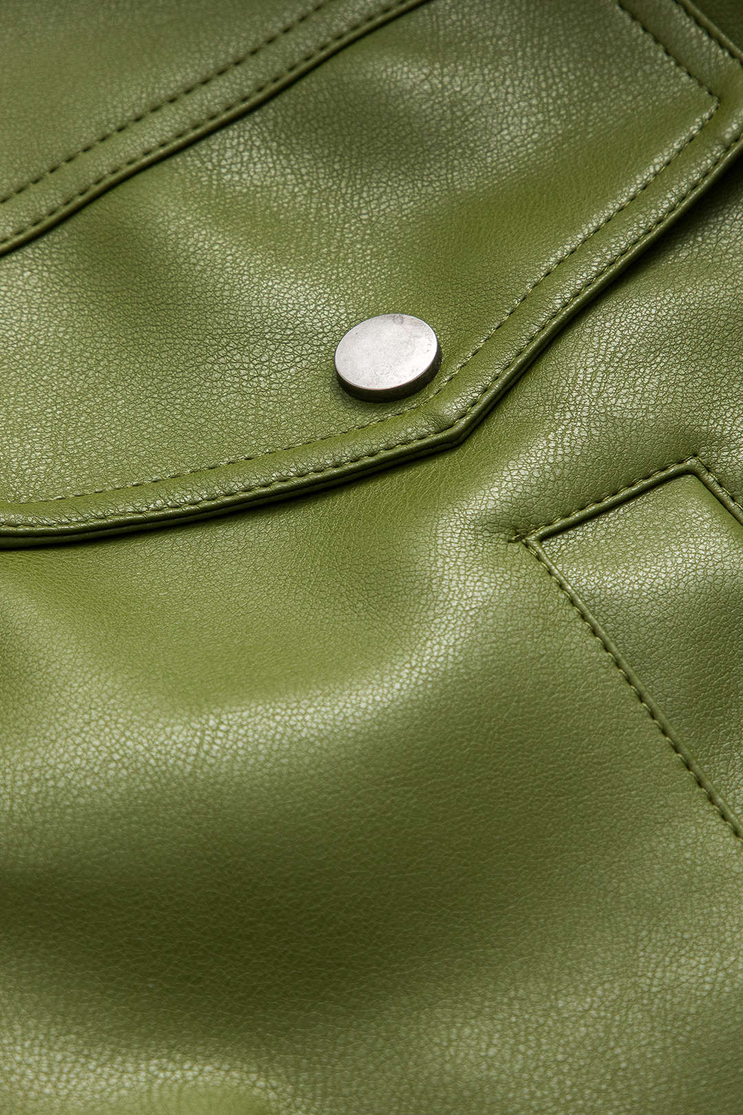 Green faux leather utility jacket with spread collar, zip front and pockets