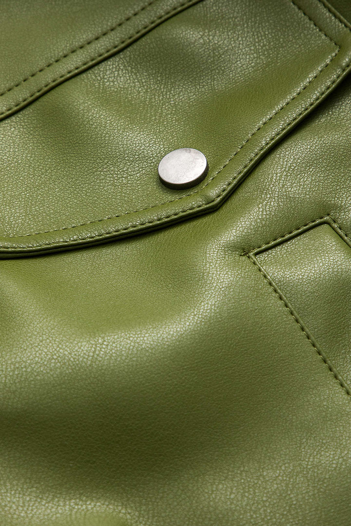 Green faux leather utility jacket with spread collar, zip front and pockets