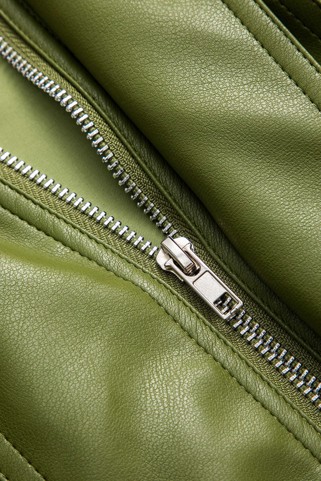 Green faux leather utility jacket with spread collar, zip front and pockets
