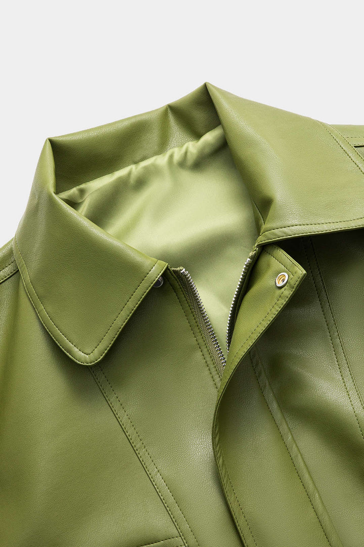 Green faux leather utility jacket with spread collar, zip front and pockets