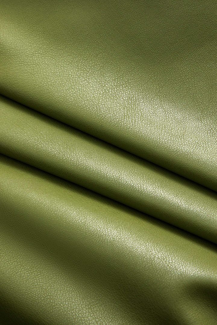 Green faux leather utility jacket with spread collar, zip front and pockets