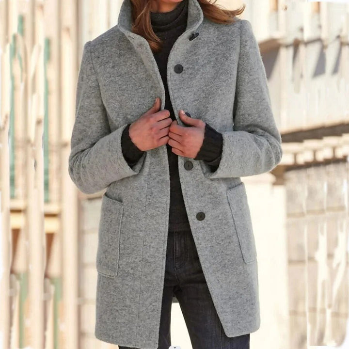 Women's stand collar button coat with long sleeves and patch pockets