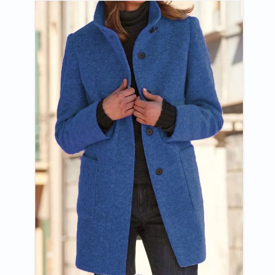 Women's stand collar button coat with long sleeves and patch pockets