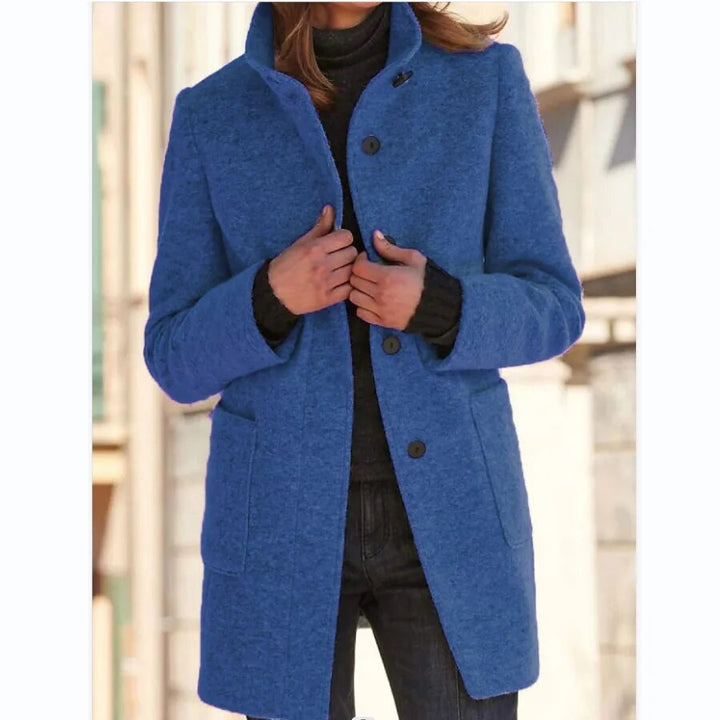 Women's stand collar button coat with long sleeves and patch pockets