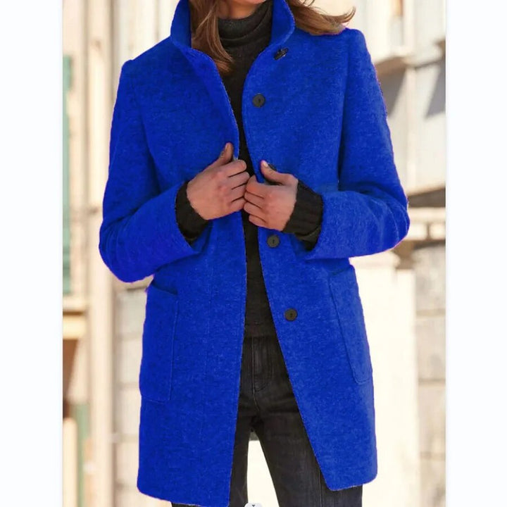 Women's stand collar button coat with long sleeves and patch pockets