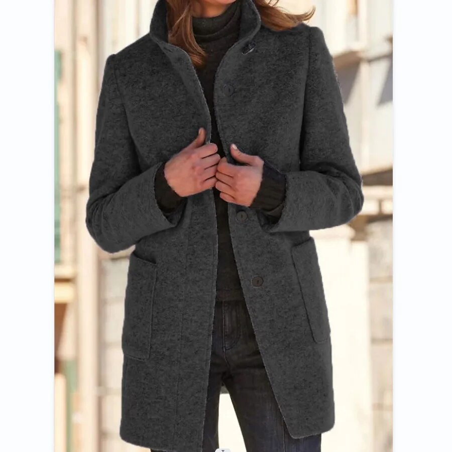 Women's stand collar button coat with long sleeves and patch pockets