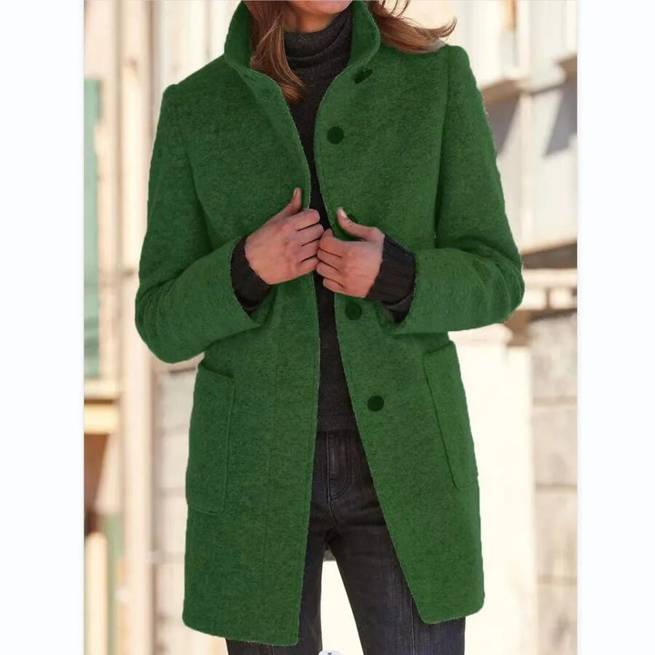 Women's stand collar button coat with long sleeves and patch pockets
