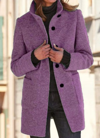 Women's stand collar button coat with long sleeves and patch pockets