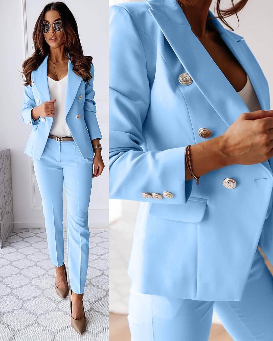 Women's tailored blazer and slim trousers suit set with double-breasted buttons
