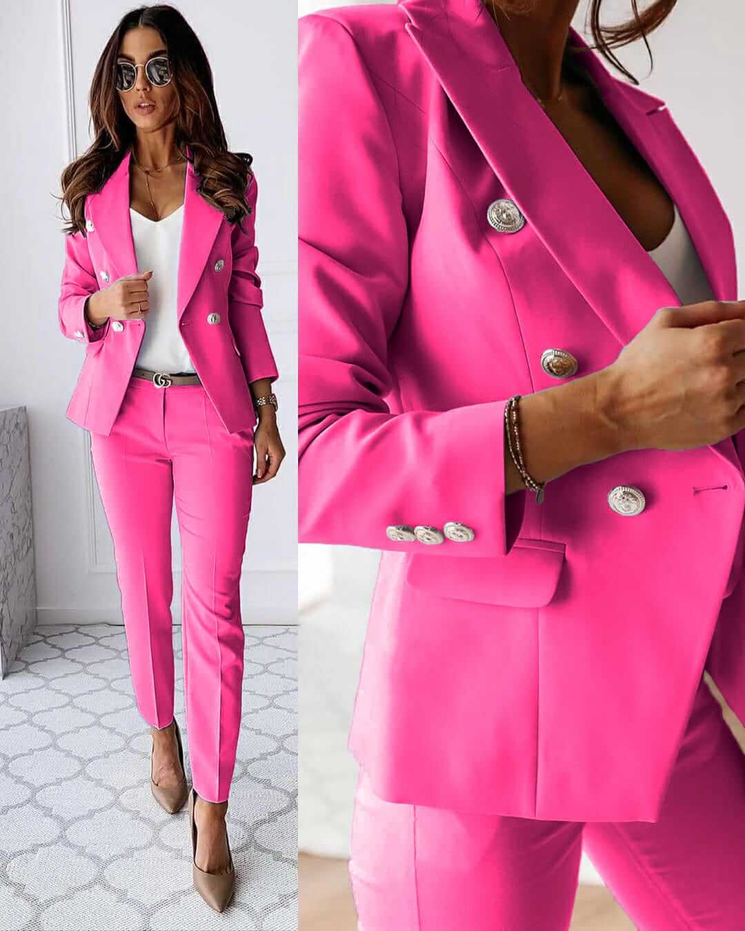 Women's tailored blazer and slim trousers suit set with double-breasted buttons