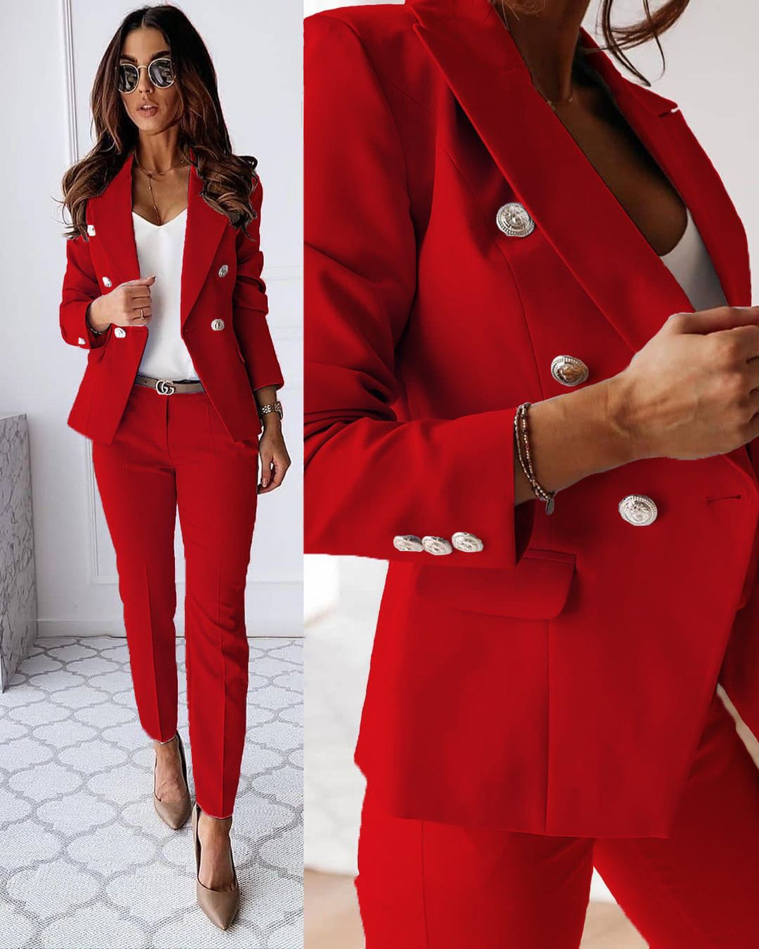 Women's tailored blazer and slim trousers suit set with double-breasted buttons