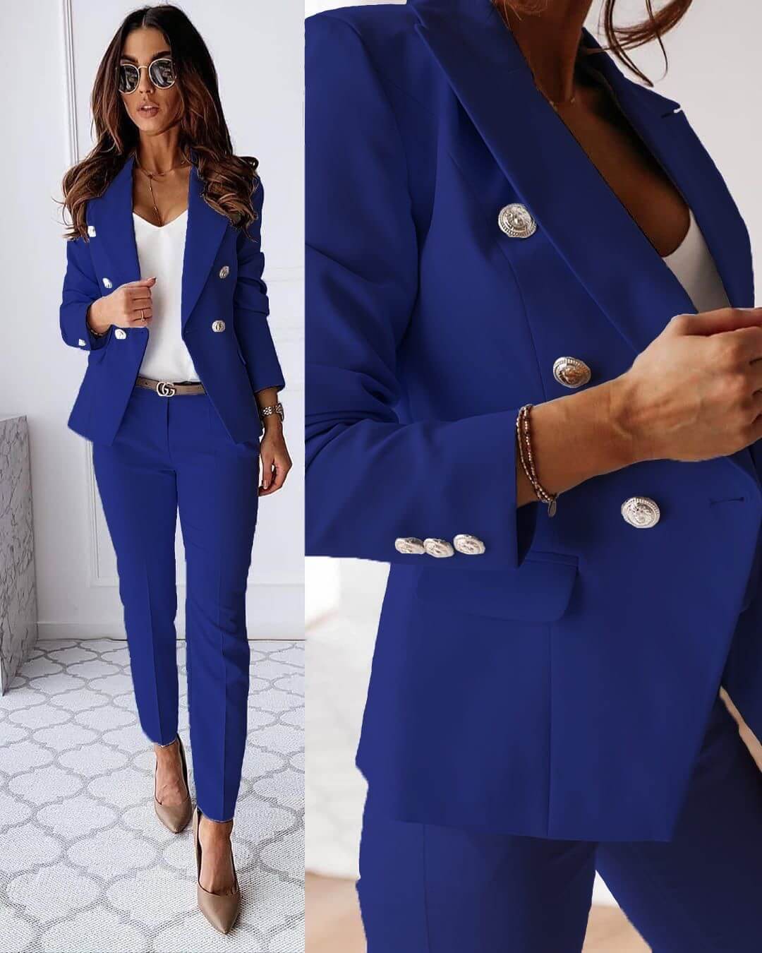 Women's tailored blazer and slim trousers suit set with double-breasted buttons