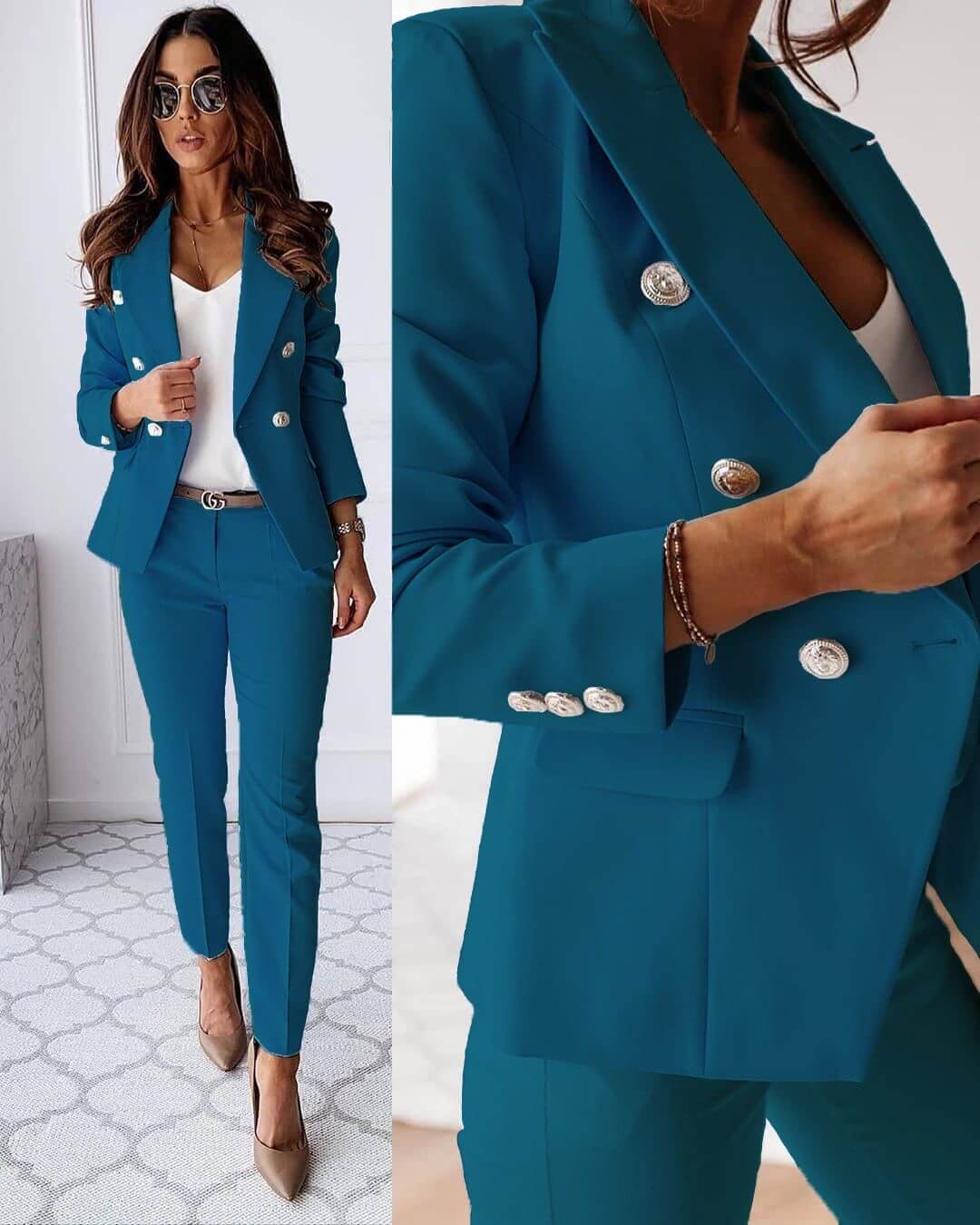 Women's tailored blazer and slim trousers suit set with double-breasted buttons