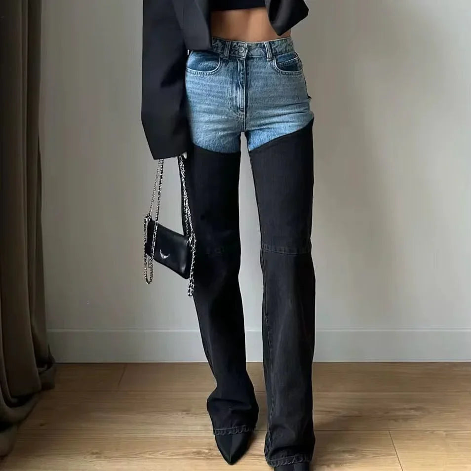 Women's high-waisted two-tone jeans with light blue upper panels and black straight legs