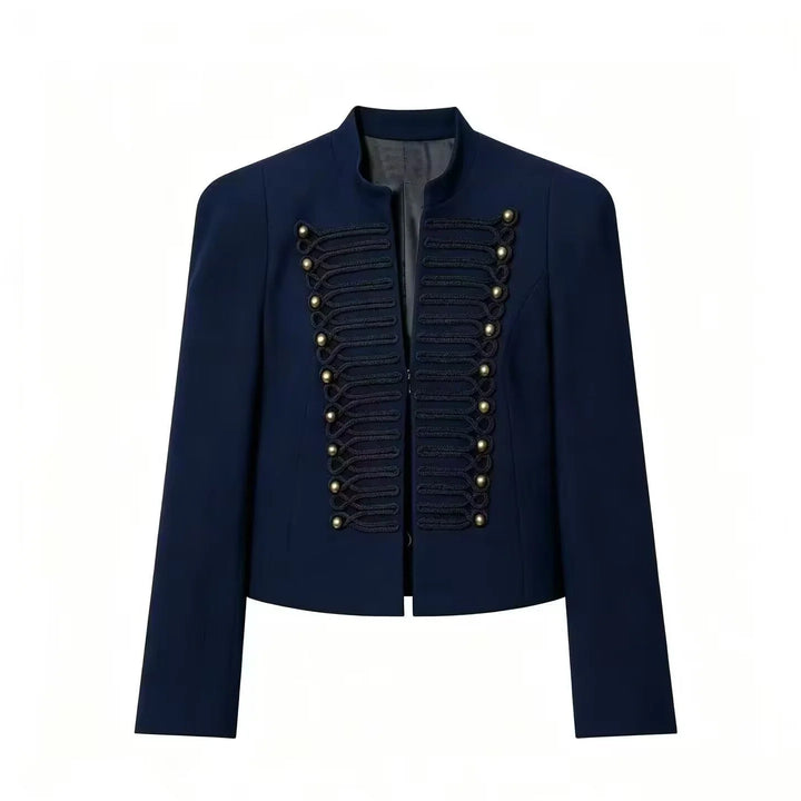 Women's cropped military style jacket with mandarin collar and decorative front trim