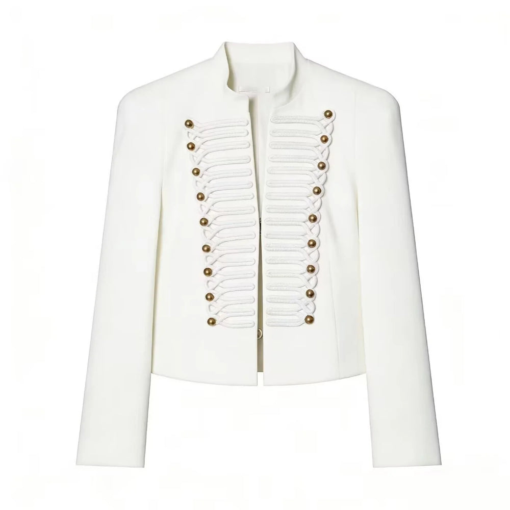 Women's cropped military style jacket with mandarin collar and decorative front trim