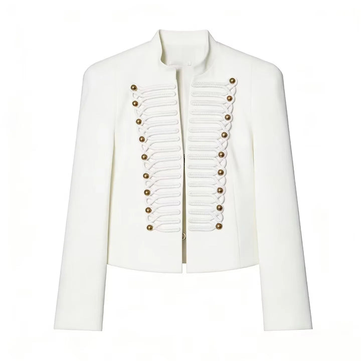 Women's cropped military style jacket with mandarin collar and decorative front trim