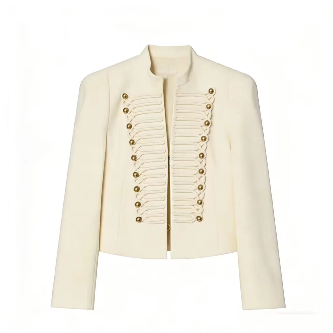 Women's cropped military style jacket with mandarin collar and decorative front trim