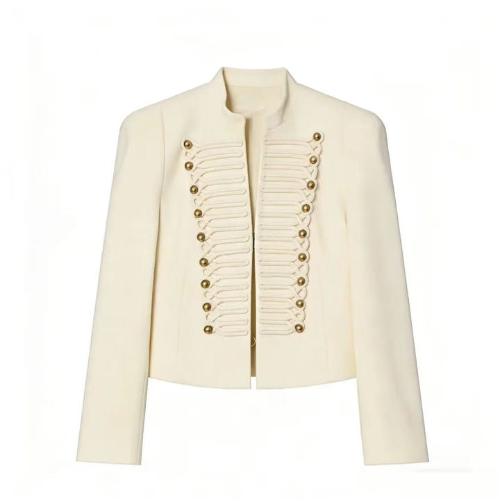 Women's cropped military style jacket with mandarin collar and decorative front trim