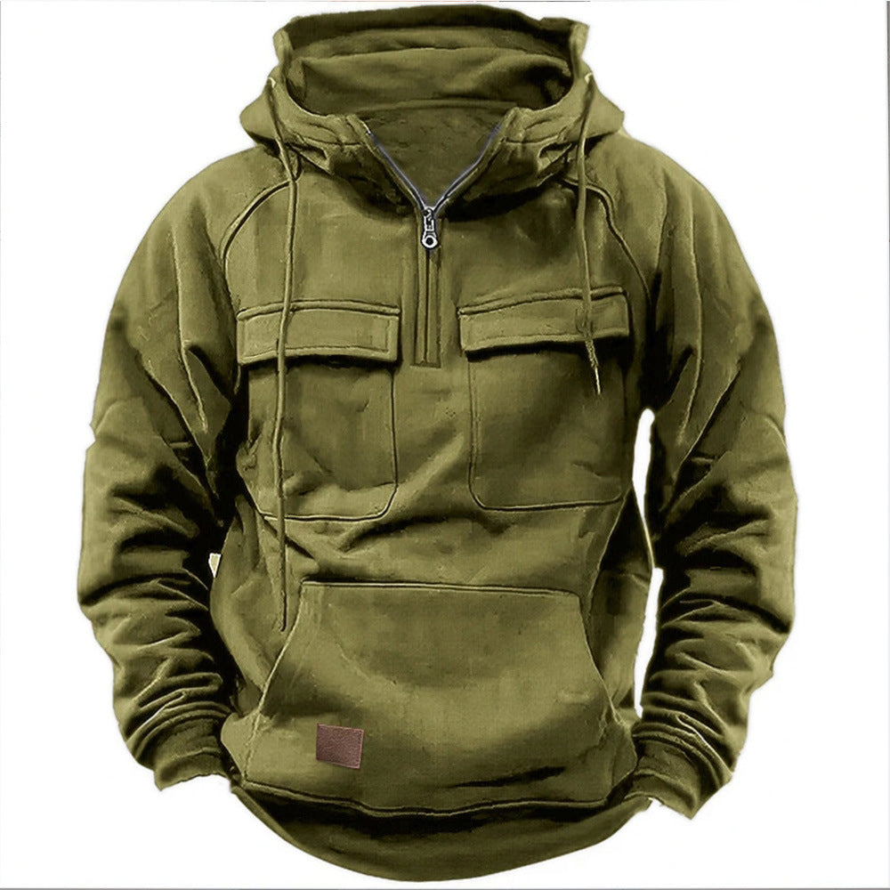Unisex solid utility hoodie with hood, front zipper and multiple pockets