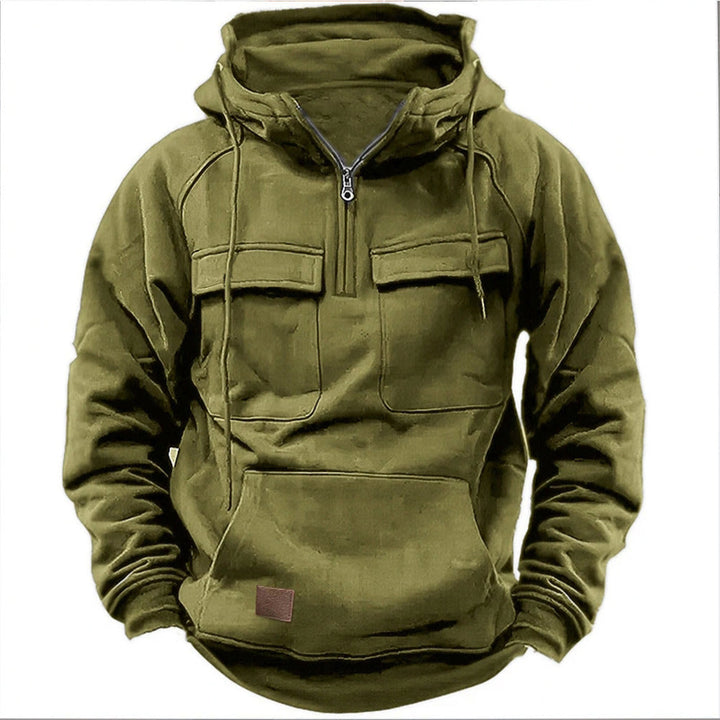 Unisex solid utility hoodie with hood, front zipper and multiple pockets