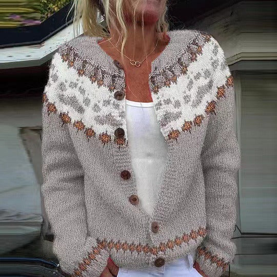 Women's light gray cardigan with multicolor patterned bands and brown buttons