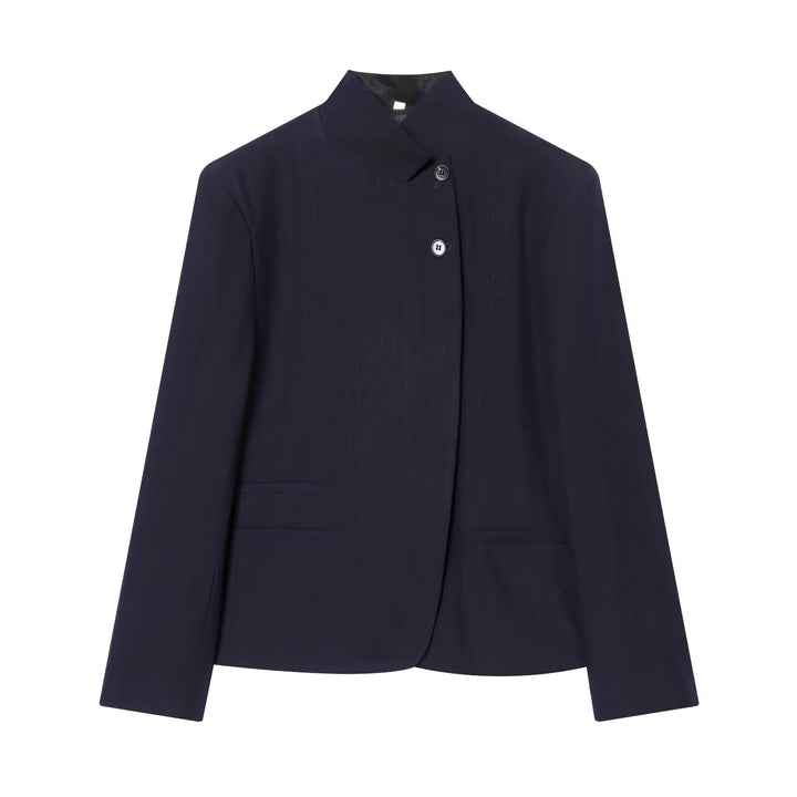Women's structured blazer with mandarin collar, button front, long sleeves and welt pockets