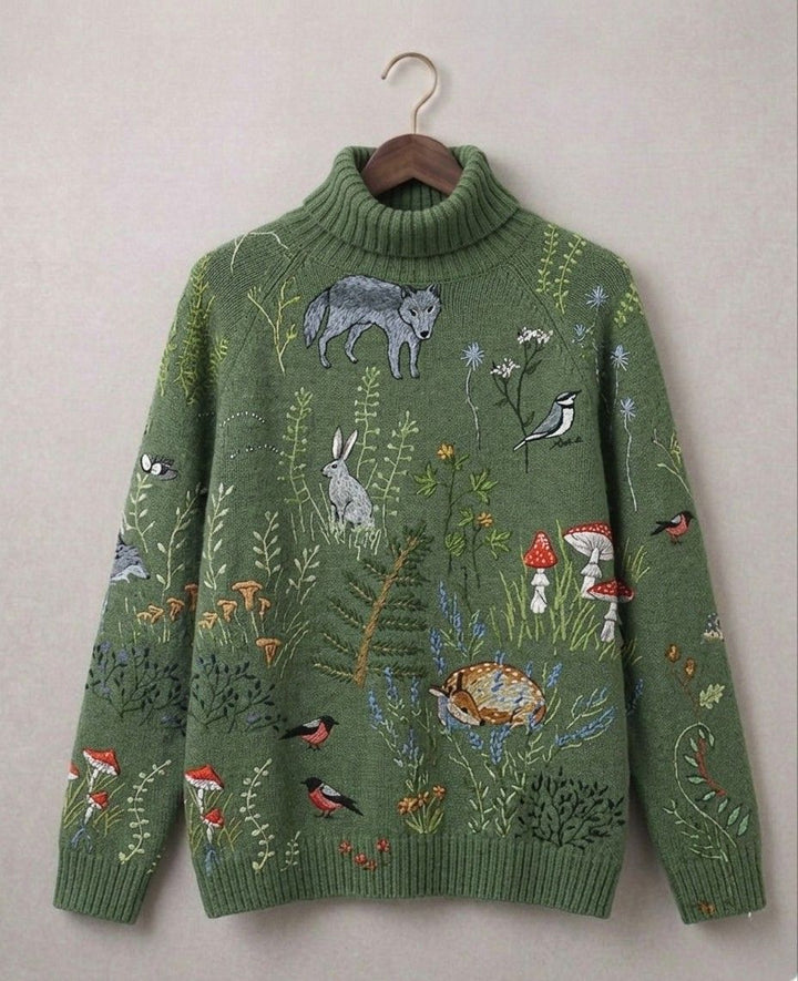Women's long-sleeve patterned turtleneck jumper with ribbed trims