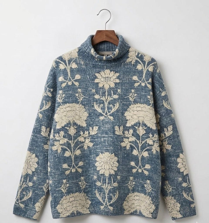 Women's long-sleeve patterned turtleneck jumper with ribbed trims