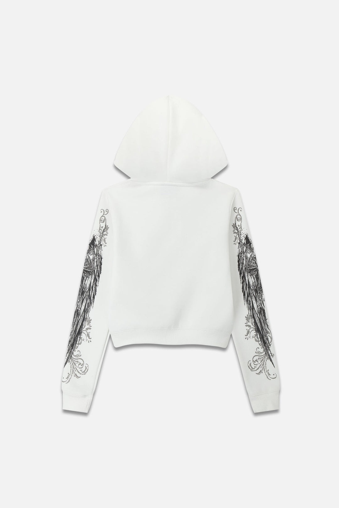 Women's white cropped hoodie with hood, front zipper and black gray graphic print