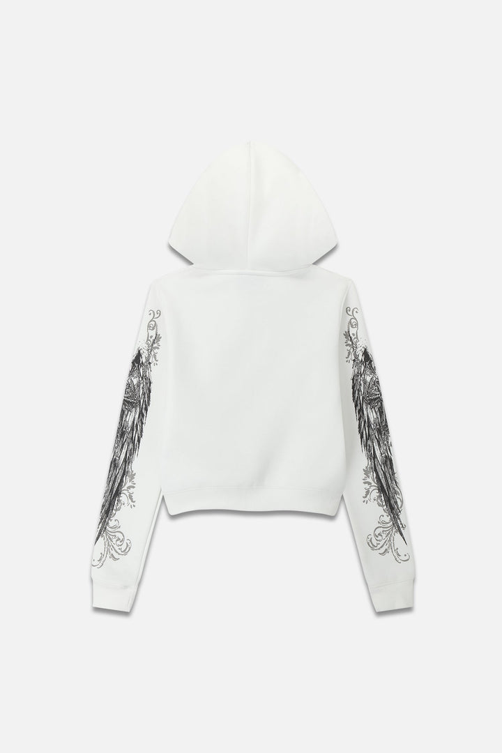 Women's white cropped hoodie with hood, front zipper and black gray graphic print