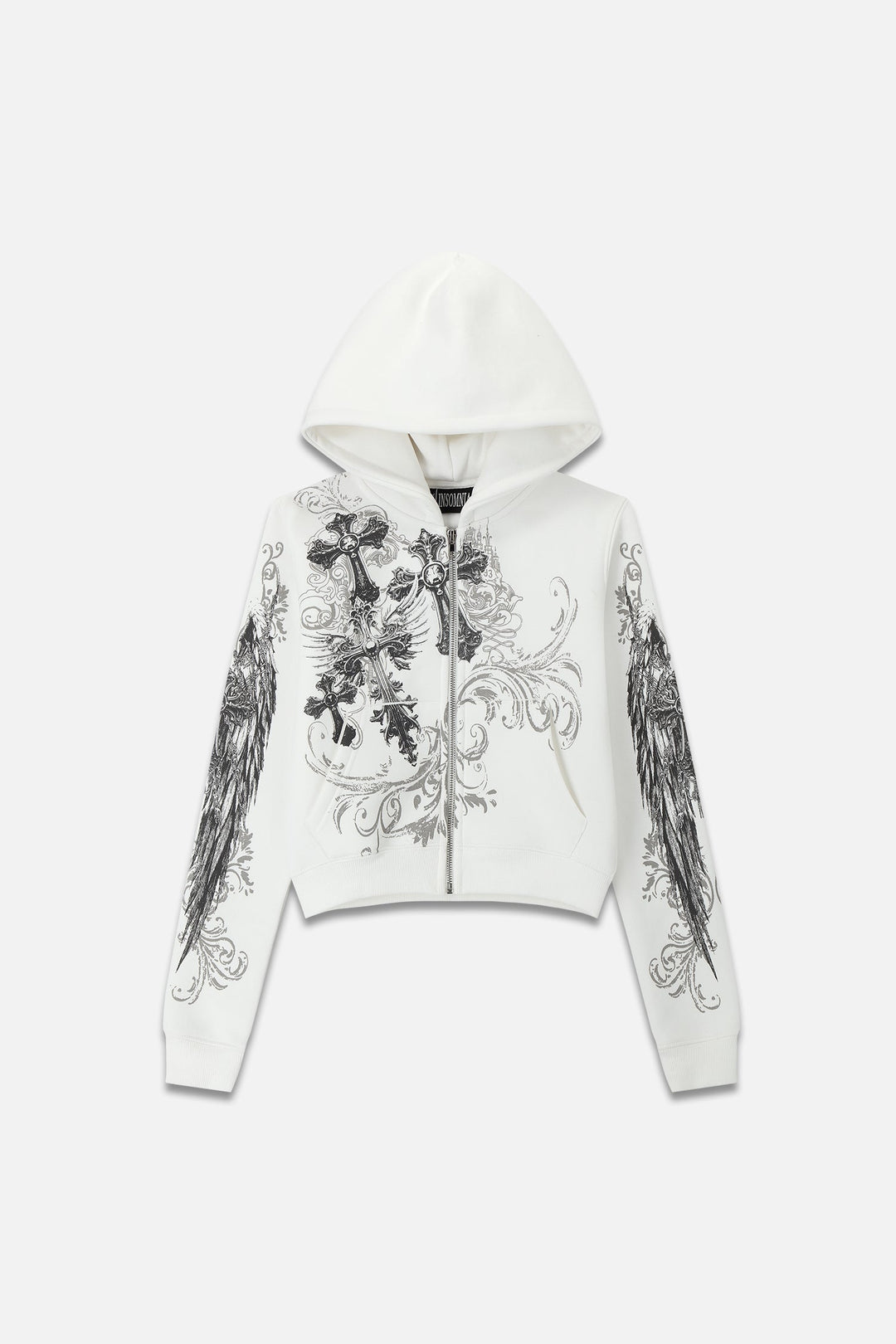 Women's white cropped hoodie with hood, front zipper and black gray graphic print